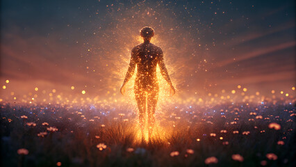 Fototapeta premium law of attraction visualization vibration manifestation A radiant figure stands amidst glowing flowers at dusk, blending nature and ethereal light.
