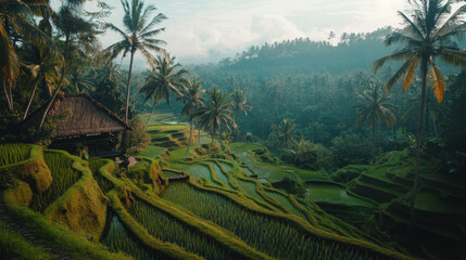 Lush green rice terraces in Bali, Indonesia with tropical palm trees and a small traditional hut in the background, reflecting sunlight in the water-filled fields, showcasing an iconic Southeast Asian