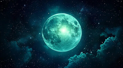 Fototapeta premium Bright turquoise moon illuminating a starry night sky with clouds drifting by