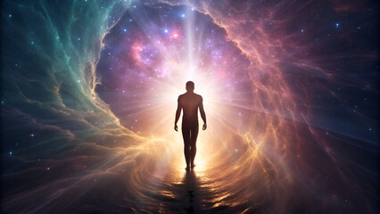 law of attraction visualization vibration manifestation A silhouette walks towards a vibrant cosmic portal, symbolizing exploration and enlightenment.