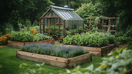 Wooden cabin in a rustic garden surrounded by trees and nature