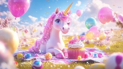 Fototapeta premium Cute unicorn enjoying birthday cupcake and balloons.