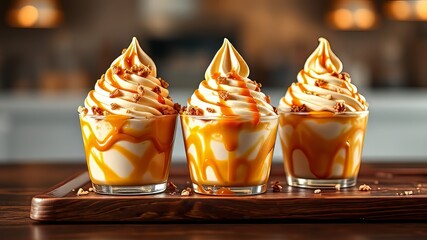 Caramel Ice Cream Sundaes on Dark Wood - Vibrant Dessert Photography