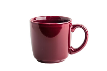 Obraz premium A glossy burgundy mug filled with steaming liquid set against a minimalist white background to evoke warmth and comfort in your favorite drink