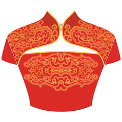 Gold and red traditional chinese dress women's - qipao. The neckline with clouds and and symbols of happiness- asian design. Vector clipart