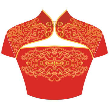 Gold and red traditional chinese dress women's - qipao. The neckline with clouds and and symbols of happiness- asian design. Vector clipart