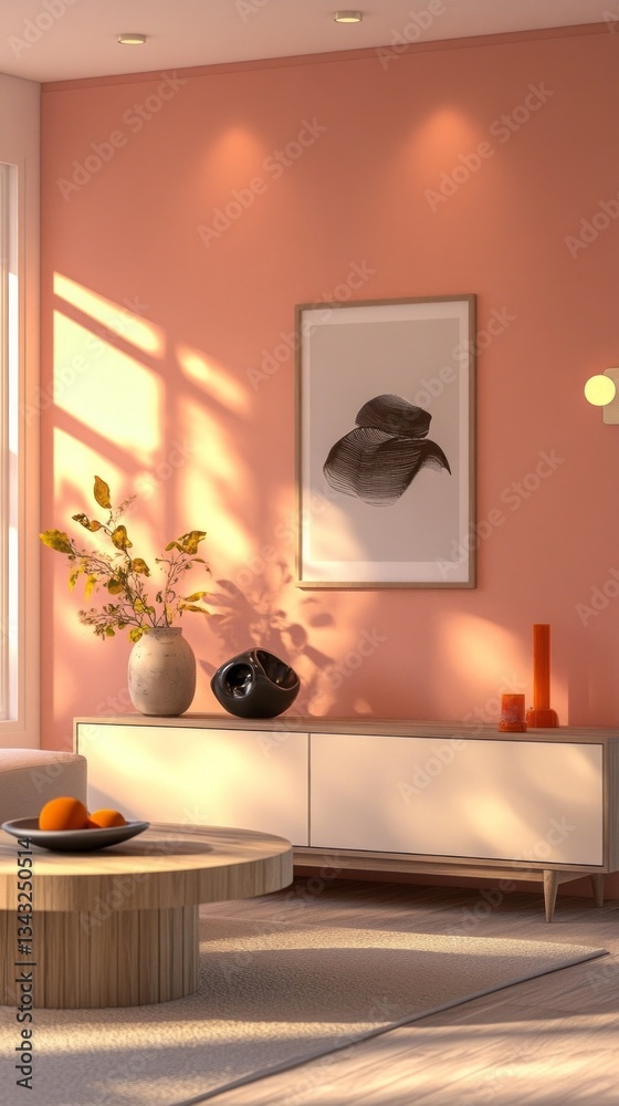 Poster sunlight filters through a spacious room adorned in soft peach shades. a minimalist coffee table hol