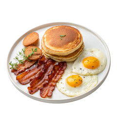 Delicious homemade breakfast with crispy bacon, eggs and pancake on white background