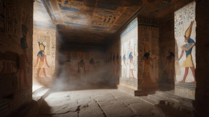 Exploring ancient Egyptian tomb with vibrant hieroglyphics and mystical atmosphere