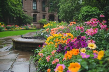 Obraz premium Sustainable gardening efforts featuring a colorful floral display in a lush garden, set against the backdrop of a historic building, emphasizing community-led environmental action
