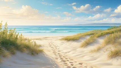 A serene beach scene featuring gentle waves lapping against golden sand.