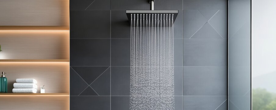 Modern rainfall showerhead with geometric tiles, stylish and contemporary bathroom