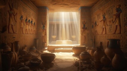 Ancient Egyptian tomb with artifacts and sunlight streaming through the entrance