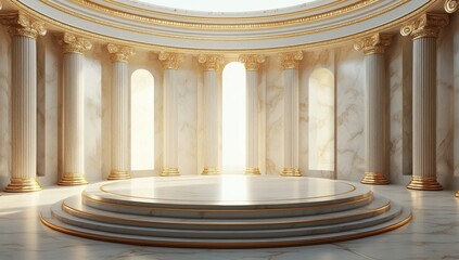 Grand, circular, marble hall with golden accents