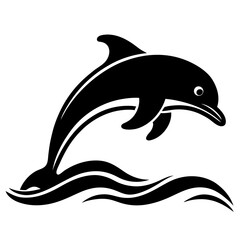 Obraz premium dolphin black silhouette vector, Simple silhouette Design vector icon with white background. dolphin over a wave silhouette
