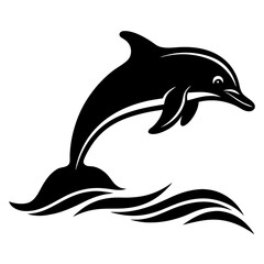 Obraz premium dolphin black silhouette vector, Simple silhouette Design vector icon with white background. dolphin over a wave silhouette