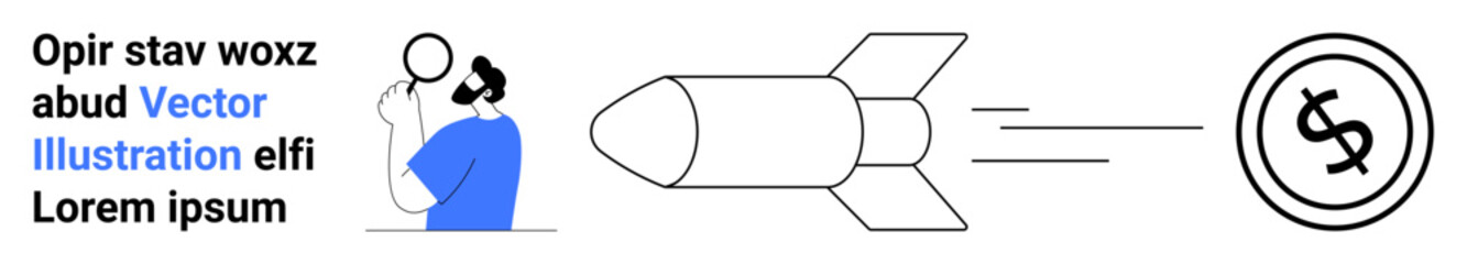 Woman pondering, rocket flying toward dollar sign symbolizing innovation, growth, and success. Ideal for business, startups, finance, innovation, strategy goals abstract line flat metaphor