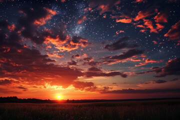 Obraz premium Magical Sunset with Starry Sky Over a Peaceful Field