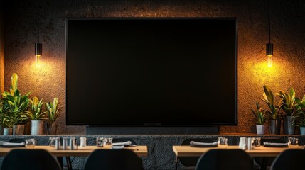 Modern Cafe Interior  Blank TV Screen  Restaurant Mockup  Table Setting