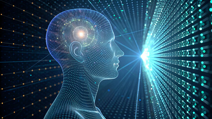 law of attraction manifestation subconscious A digital representation of a human head surrounded by a burst of data and light.