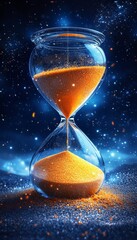 Hourglass with Shimmering Orange Sand Against a Backdrop of a Starry Night Sky, Concept of Time