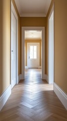 A beautifully designed hallway features soft yellow walls and natural light streaming through spacious doorways, creating a serene and welcoming atmosphere in a modern residence