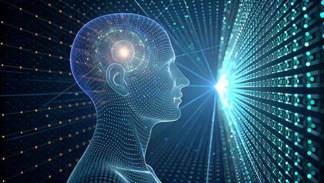 law of attraction manifestation subconscious A digital representation of a human head surrounded by a burst of data and light.