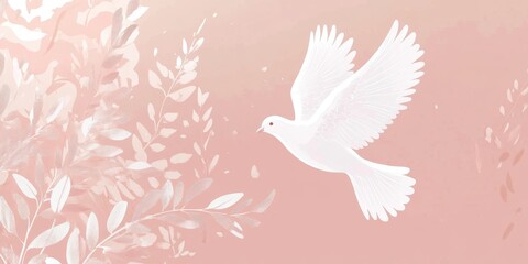 Obraz premium A graceful white dove is flying amongst pink foliage and blooms