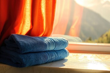 Folded towels on a windowsill, bathed in warm sunlight, with a view of mountains beyond an orange curtain