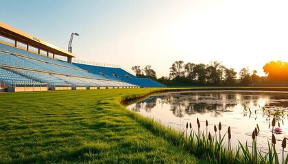 Fototapeta premium Serene Sunset View of a Stadium Beside a Tranquil Pond with Lush Green Grass