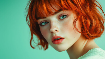 Fototapeta premium Portrait of a beautiful young woman with short bob haircut, looking camera with confidence isolated on studio background. Natural female beauty. Self-care and wellness. Body and skin care