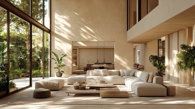 A beige modern living room with geometric sunlight and natural decor offers an empty wall for customization. 