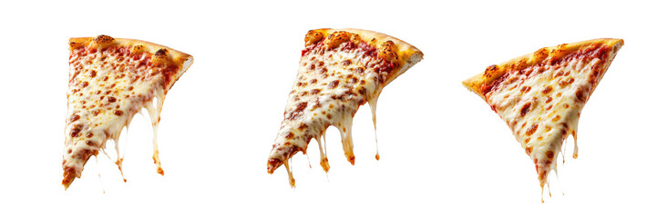 A Set of Freshly Baked Pizza Slice Drifting in Mid-Air with Melted Cheese Stretching Isolated on Transparent Background