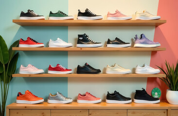 A bright and colorful display composition with a variety of casual shoes and sneakers on wooden shelves in front of a light wall