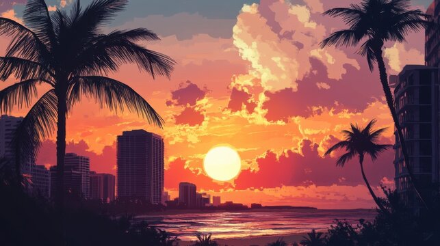 Atardecer en la playa con palmeras y edificios