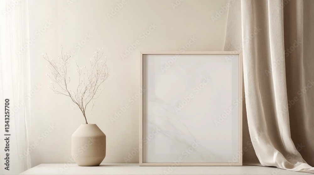 Poster a serene corner emphasizes minimalist aesthetics, featuring a textured vase with a delicate branch a