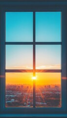 Fototapeta premium Golden Sunrise Through Urban Windows Cityscape Illuminated by Vibrant Morning Colors