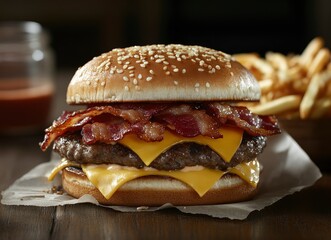 Delicious Double Cheeseburger with Bacon and Fries Ready to Eat