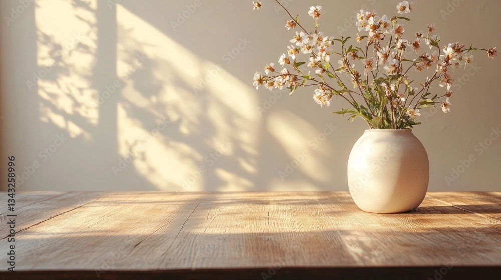 Poster Sunlight filters through the window, illuminating a simple vase adorned with fresh flowers. Shadows dance across a rustic wooden table, creating an inviting and peaceful ambiance