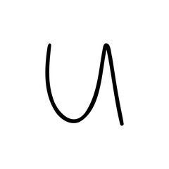 Slim letter U of latin english language. Black font symbol in hand drawn doodle style. Vector illustration isolated on white background. For presentation, logo, branding, font, education.