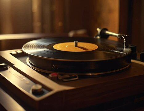 old vinyl record player , music playing on a turntable.