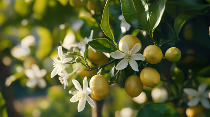 A lemon tree in full bloom, with clusters of white flowers and small green lemons beginning to ripen.