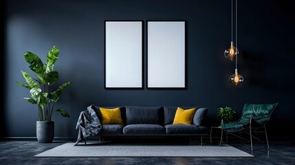 Modern Dark Living Room Interior Design Mockup with Empty Frames