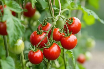 Ripe red tomatoes clustered on a vine in a garden.
