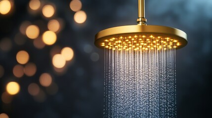 Naklejka premium Rainfall showerhead with warm golden LED lights, futuristic and inviting design