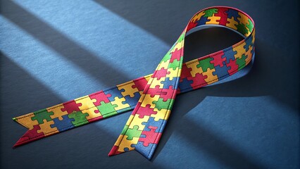 Vibrant autism awareness ribbon featuring colorful puzzle pieces and stars.