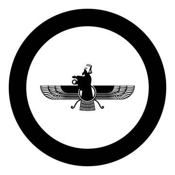 recommend clip art: Zoroastrism religion Faravahar Zorostrian symbol Parsi icon in circle round black color vector illustration image solid outline style