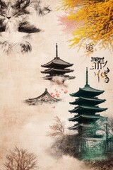 Serene Asian Landscape with Pagodas and Vibrant Nature Elements