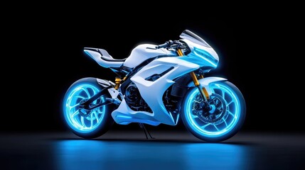 Fototapeta premium Futuristic white motorcycle with glowing blue accents. Sleek design, vibrant lighting, and modern aesthetic