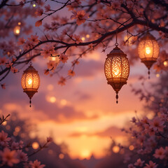 Obraz premium Sunset Cherry Blossoms Lanterns